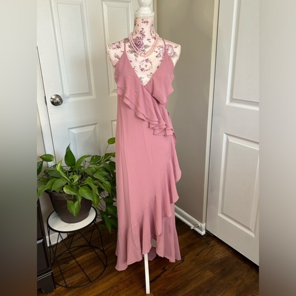 Fun & Flirty Mauve Pink Ruffles Spaghetti Strap Wrap Around Sundress Large